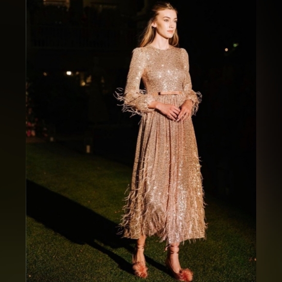 NWT ANTONIO MELANI x Nicola Bathie Nicola Sequin Belted Feathered A-Line Dress - Picture 8 of 16